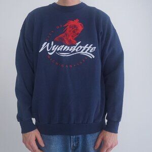 Vintage '90S Puff Print Wyandotte City Navy Crewneck Sweater Large By Hanes